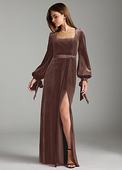 Azazie Leonia Bridesmaid Dresses Ganache A-Line Long Sleeve Velvet Dress image3