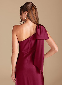 Azazie Capri Bridesmaid Dresses Burgundy Sheath One Shoulder Metallic Satin Dress image2