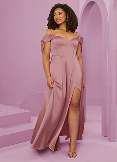 Barbie ♥ Azazie Bridesmaid Dresses Dusty Rose A-Line Off the Shoulder Stretch Satin Dress image3