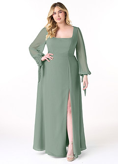 Azazie Leonia Bridesmaid Dresses Silver Sage A-Line Long Sleeve Chiffon Dress image8