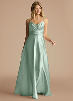 Azazie Oliana Bridesmaid Dresses Agave A-Line Pleated Metallic Satin Dress image5