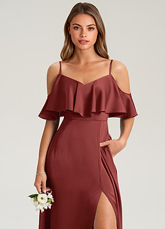 Azazie Jean Jurken voor bruidsmeisjes Jurk van Stretch Satijn met A-lijn Off-shoulder Terracotta image6