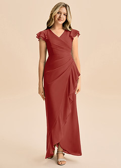 Azazie Julie Junior Vestido de Terracota de Gasa de Corte Sirena con Volante image4