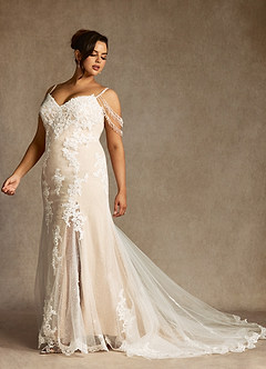 Azazie Saskia Abiti da Sposa Abito Sirena in Tulle Lustrini Bianco Diamante Champagne image11