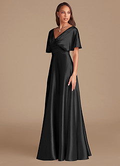 Azazie Pamela Vestidos de damas de honor Vestido de Negro de Satén Metálico de Corte en A con Plisado image4