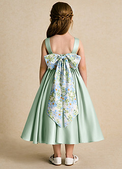 Azazie Doodlebug Robe Demoiselle D'honneur Fillette Robe Trapèze en Mat Satiné Arc Agave image1