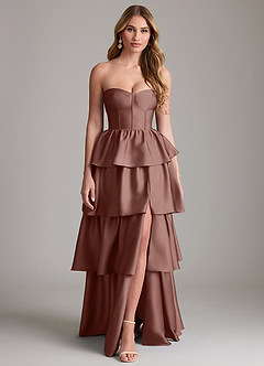 Azazie Faye Bridesmaid Dresses Espresso A-Line Ruched Stretch Satin Dress image1