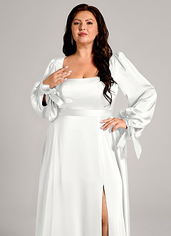 Azazie Leonia Abiti da Damigella Abito A-Line in Raso Elasticizzato Manica Lunga Bianco image9