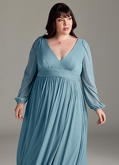 Azazie Norah Bridesmaid Dresses Moody Blue A-Line V-Neck Long Sleeve Chiffon Dress image12