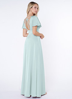 Azazie Lani Bridesmaid Dresses Sea Glass A-Line Flounce Sleeve Stretch Satin Dress image5