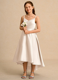 Azazie Sweets Girls Formal Flower Girl Dresses White Alabaster A-Line Pleated Matte Satin Dress image1