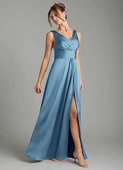 Azazie Karina Robes de demoiselle d'honneur Robe Trapèze en Satin extensible Plissée Acier Bleuté image4