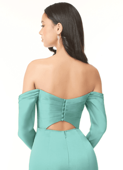 Azazie Hallie Bridesmaid Dresses Aqua Sheath Off-The-Shoulder Long Sleeve Stretch Satin Convertible Dress image8