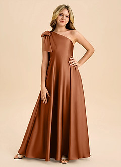 Azazie Penguin Junior A라인 절하다 스트레치 새틴 플로어 길이 주니어 신부 들러리 드레스 image3