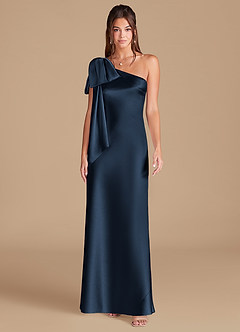 Azazie Capri Bridesmaid Dresses Dark Navy Sheath One Shoulder Metallic Satin Dress image3