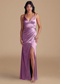 Azazie Shania Bridesmaid Dresses Wisteria Sheath Pleated Metallic Satin Dress image1