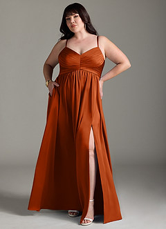 Azazie Alia Vestidos de damas de honor Vestido de Naranja Quemada de Satén Elástico de Corte en A con Plisado image8