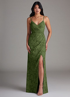 Azazie Maci Bridesmaid Dresses Olive Sheath Pleated Floral Burnout Dress image1