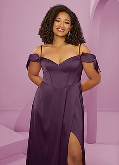 Barbie ♥ Azazie Bridesmaid Dresses Plum A-Line Off the Shoulder Stretch Satin Dress image6