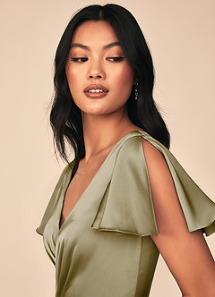 Azazie Soren Bridesmaid Dresses Moss Green A-Line Pleated Stretch Satin Dress image9