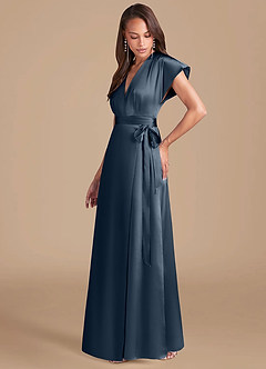 Azazie Nico Bridesmaid Dresses Dark Navy A-Line Pleated Metallic Satin Dress image3