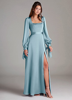 Azazie Leonia Bridesmaid Dresses Moody Blue A-Line Long Sleeve Stretch Satin Dress image3