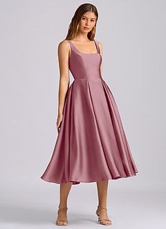 Azazie Amalie Robes de demoiselle d'honneur Robe Trapèze en Satin extensible Plissée Mauve Vintage image1