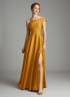 Azazie Melanie 신부 들러리 드레스 A라인 오프 더 숄더 스트레치 새틴 바닥 길이 드레스 image3