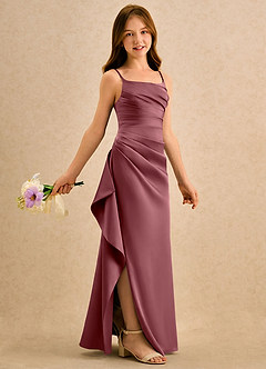 Azazie Cannoli Girls Formal Robe Demoiselle D'honneur Fillette Robe Trapèze en Satin extensible Plissée Rose Du Désert image1