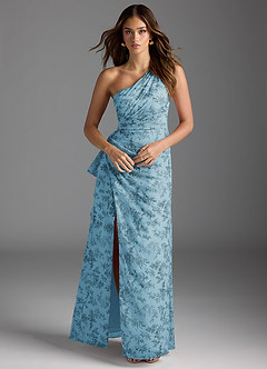 Azazie Maive Bridesmaid Dresses Blue Fern Floral Sheath Pleated Ruffle Chiffon Dress image3