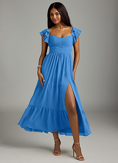 Azazie Anaya Brautjungfernkleider A-Linie Plissee Chiffon Kleid Blauhäher image1