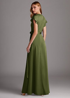 Azazie Nico Robes de demoiselle d'honneur Robe Trapèze en Satin extensible Col en V Olive image5