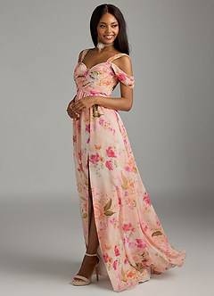 Azazie Lianne Jurken voor bruidsmeisjes Jurk van Chiffon met A-Lijn Off the Shoulder Abstract Boeket Bloemen image5