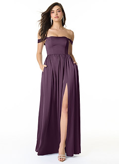 Azazie Morana Final Sale Plum A-Line Off the Shoulder Stretch Satin Convertible Dress image1