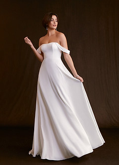 Azazie Ava At-home Try On Dresses Diamond White A-Line Off the Shoulder Stretch Chiffon Dress image1