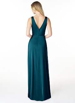 Azazie Nelly Bridesmaid Dresses Ink Blue A-Line V-Neck Pleated Stretch Satin Dress image2