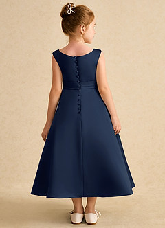Azazie Eve Blumenmädchenkleider A-Linie Plissee Matte Satin Kleid Dunkelmarine image2