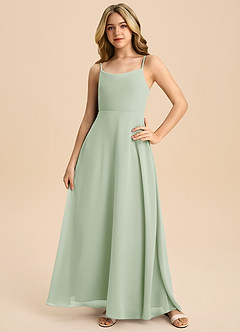 Azazie Shale Junior Robe Trapèze en Mousseline de soie Arc Vert Sauge image3