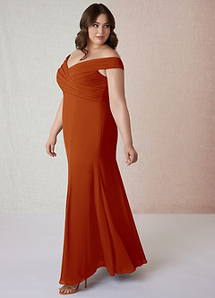 Azazie Lecia Bridesmaid Dresses Paprika Empire Off-The-Shoulder Pleated Chiffon Convertible Dress image10