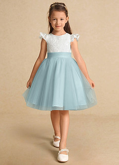 Azazie Vetty Flower Girl Dresses Ivory Mist A-Line Lace Tulle Dress image6
