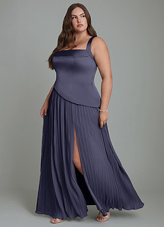 Azazie Stephanie Robes de demoiselle d'honneur Robe Trapèze en Satin extensible Plissé Bleu Orageux image11