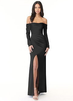 Azazie Hallie Bridesmaid Dresses Black Sheath Off-The-Shoulder Long Sleeve Stretch Satin Convertible Dress image3