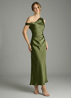 Azazie Emerson Bridesmaid Dresses Olive Mermaid Off the Shoulder Stretch Satin Dress image3