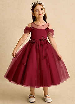 Azazie Juni Flower Girl Dresses Burgundy Ball-Gown Pleated Tulle Dress image1