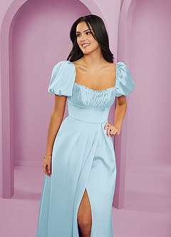 Barbie ♥ Azazie Bridesmaid Dresses Sky Blue A-Line Ruched Stretch Satin Dress image5