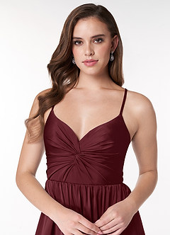 Azazie Raya Final Sale Cabernet A-Line V-Neck Pleated Stretch Satin Dress image6