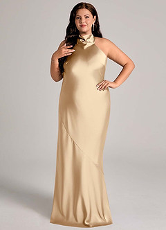 Azazie Velli Vestidos de damas de honor Vestido de Champán de Satén Elástico de Corte Sirena con Cuello Alto image8