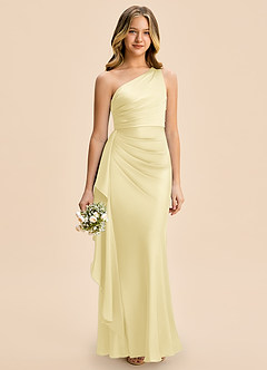 Azazie Holly Junior Lemon Sorbet Sheath Pleated Stretch Satin Dress image5