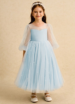 Azazie Trudy 플라워 걸 드레스 볼가운 스윗하트 네크라인 얇실버 명주 그물 티 길이 드레스 image6