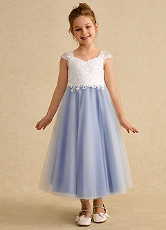 Azazie Momo Flower Girl Dresses Ivory Royal Blue A-Line Lace Dress image3